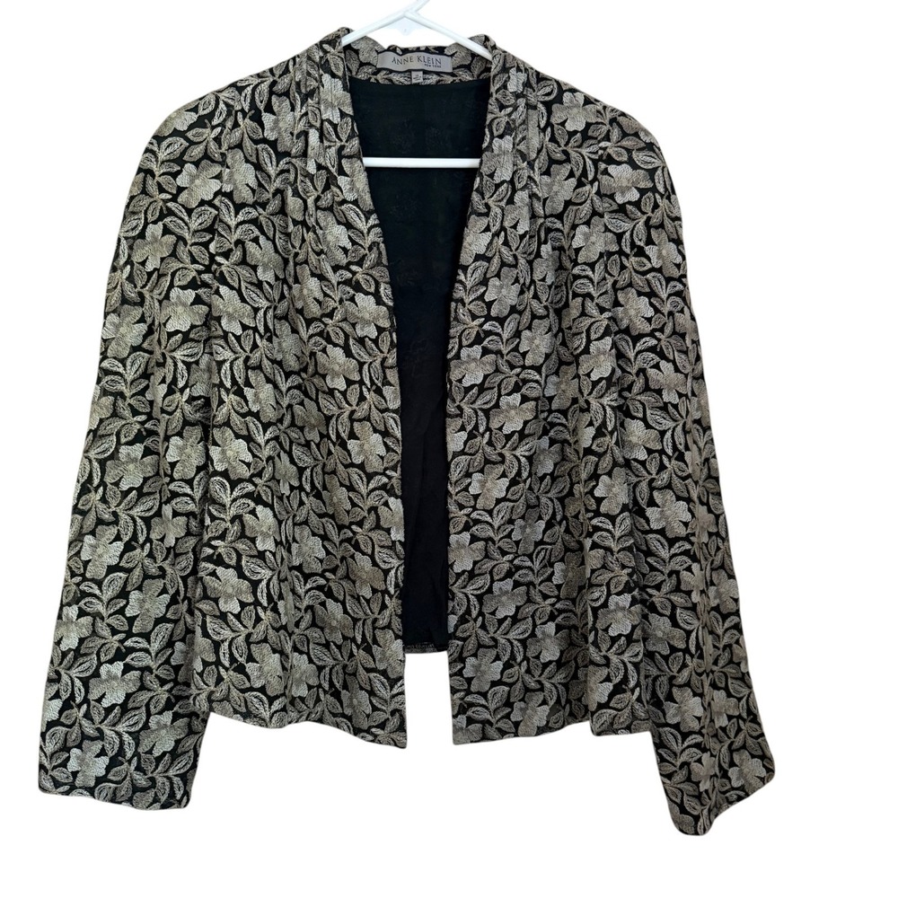 Anne Klein Evening Jacket Sz 14 Black Gold Floral Embroidered Open Front Formal